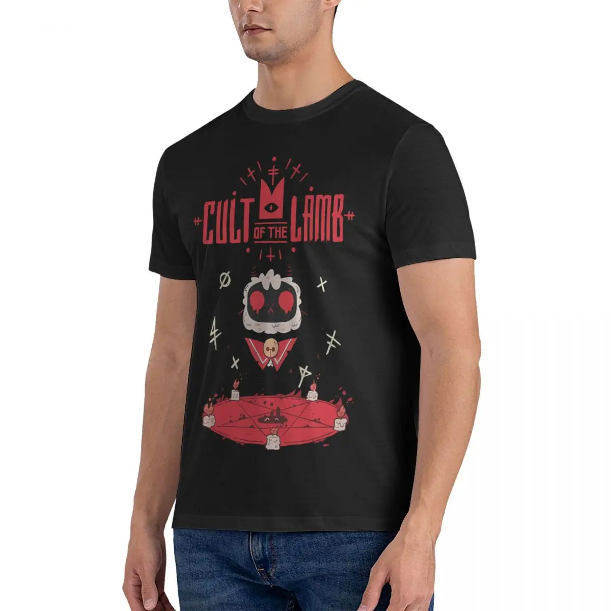 Funny Cool T-Shirt Men Crewneck Cotton T Shirt C-Cult of The Lamb Goat Short Sleeve Tees Printed Tops