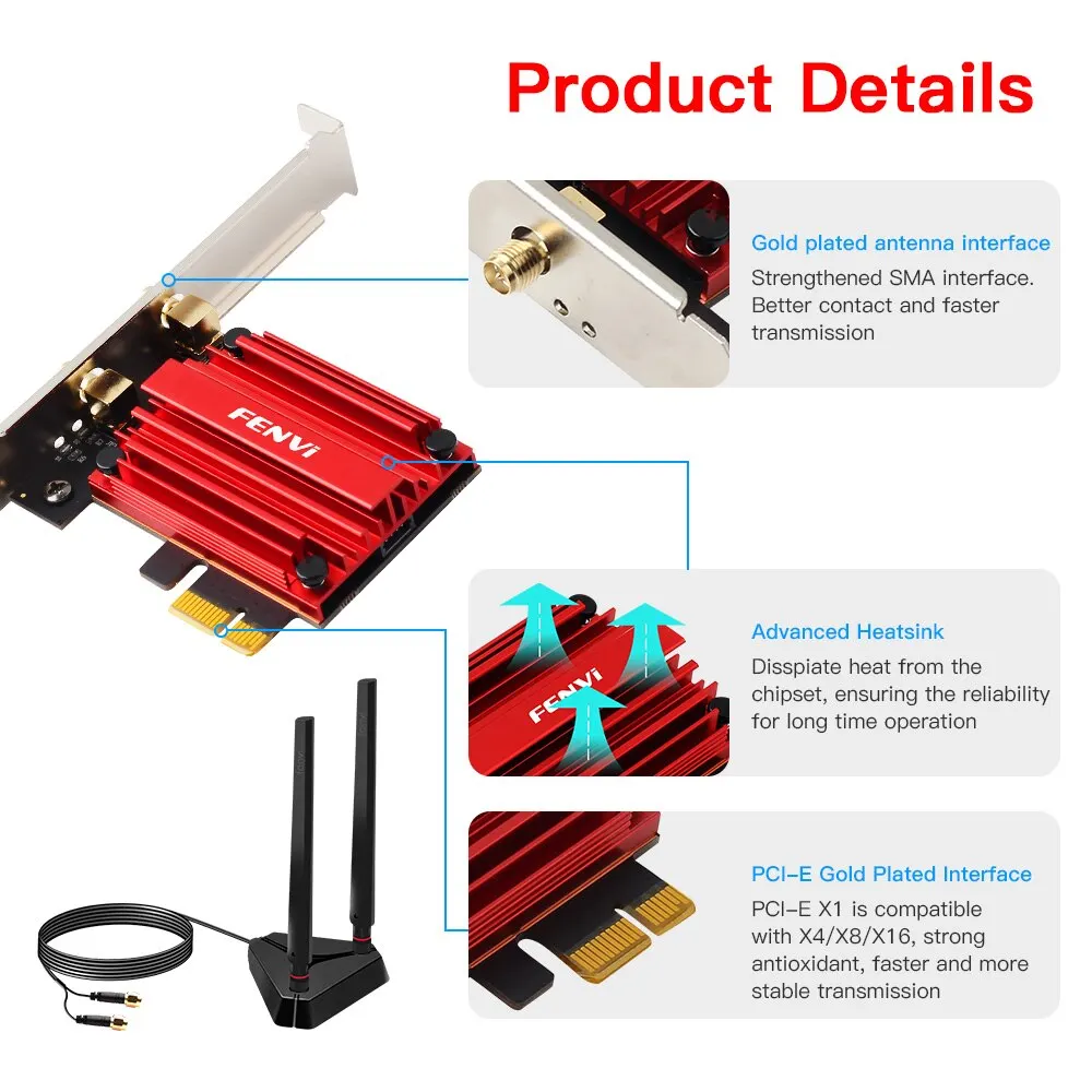 FENVI WiFi Adapter WiFi 6E AX210 5374Mbps Tri Band 2.4G/5G/6Ghz Blue-tooth 5.3 802.11AX Game Red Wireless Network Card Win10/11