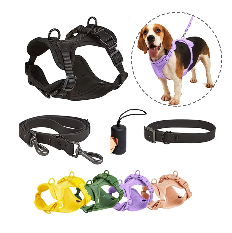 

2024 Luxury Designer Custom PVC Design Logo Personalized No Pull Neoprene Pet Cat Dog Harness Leash Lead Collar Set and Collar