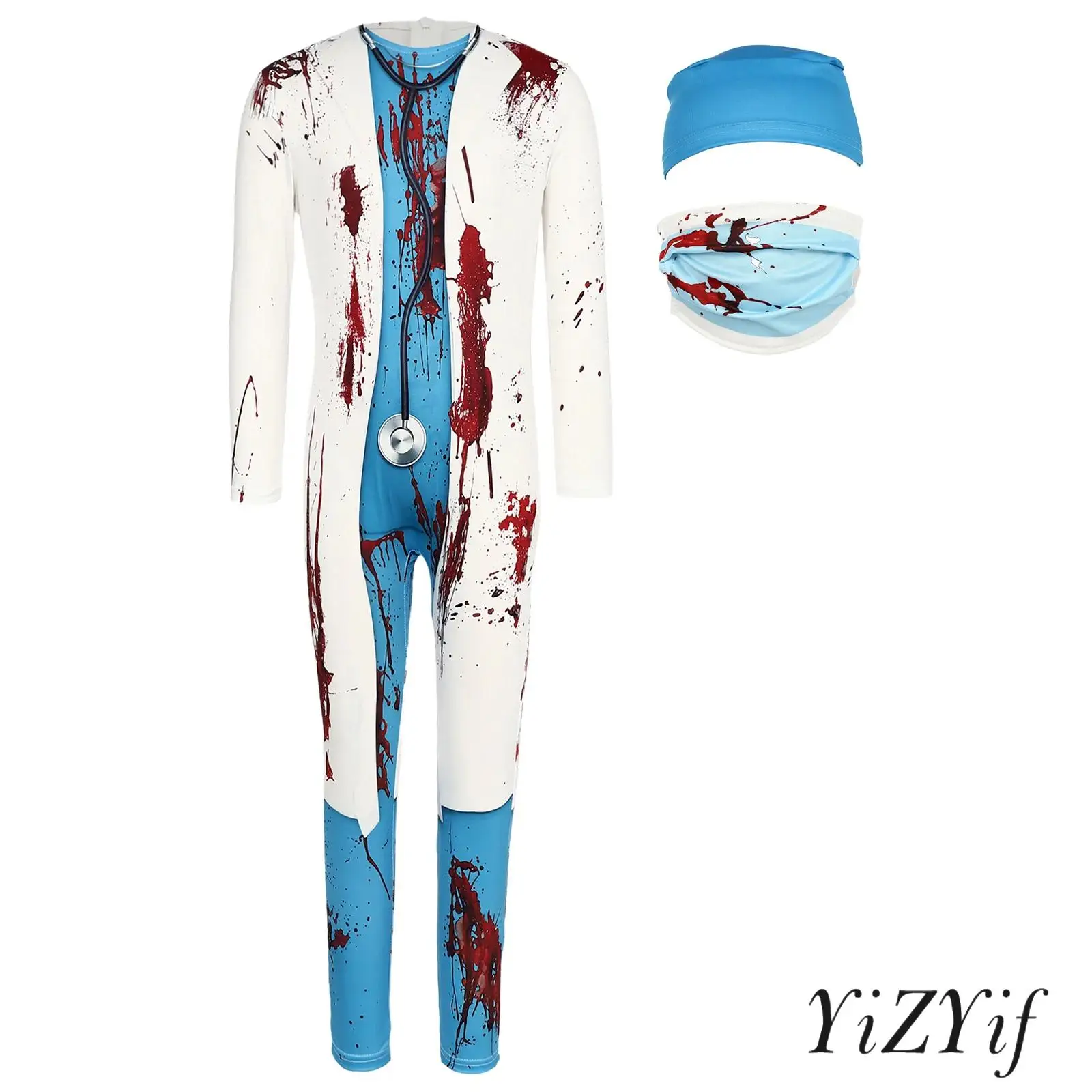 

Boys Halloween Costume Gory Doctor Role Play Set with Surgical Cap And Realistic Blood Stains for Horror Themed Parties