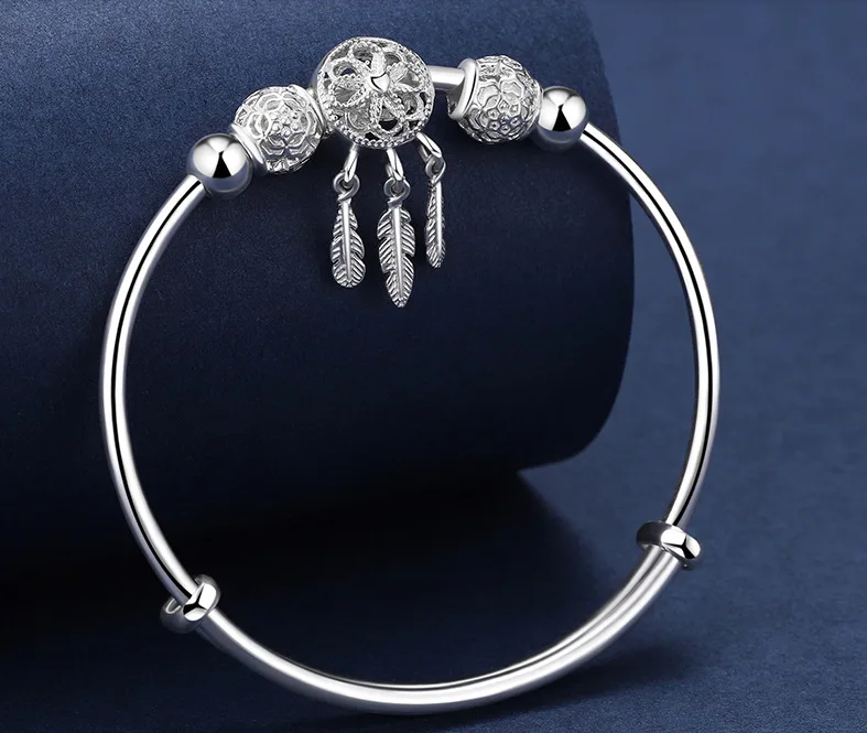 Adjustable Size 925 Sterling Silver Bangle Cuff Dreamcatcher Tassel Feather Round Bead Charm Bracelet Jewelry For Women Wedding