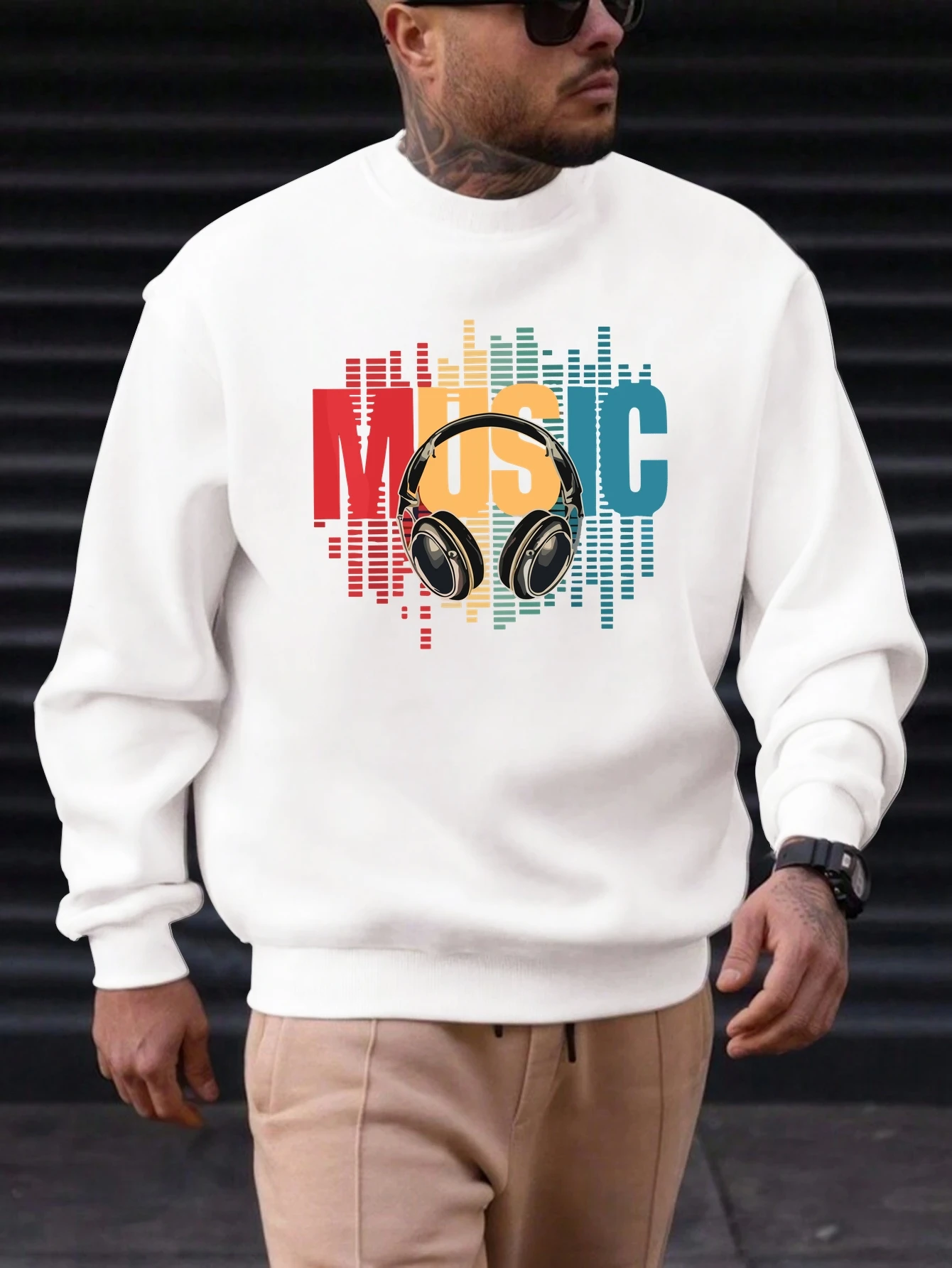 

2025 New Men's Cotton Sweatshirt Headphones Pattern Printing Round Neck Fashion Casual High Quality Daily Top Clothing