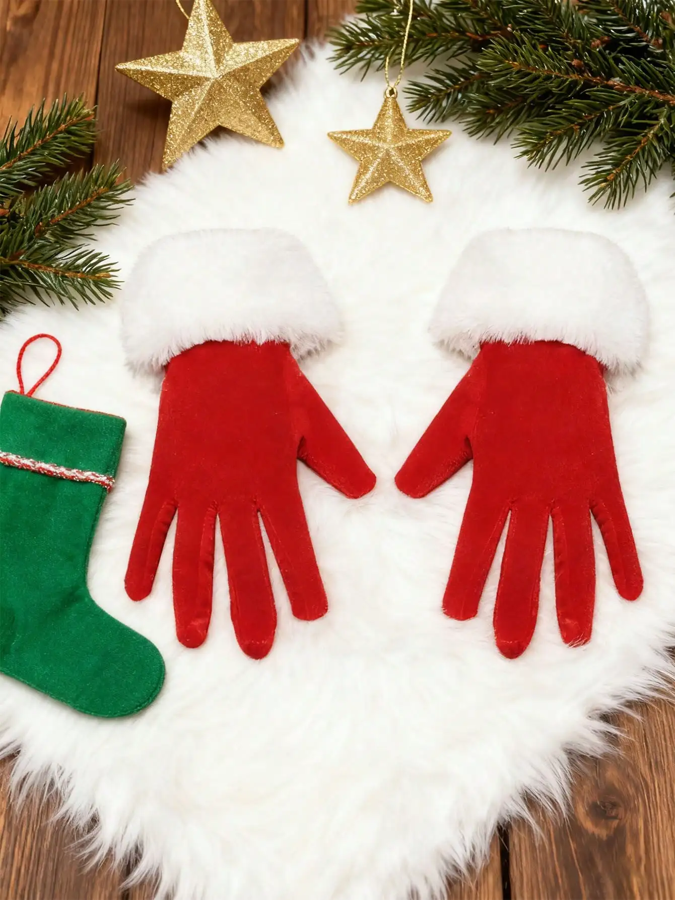 زوج واحد من القفازات المخملية القصيرة الدافئة للنساء - تصميم عيد الميلاد مع حواف من الفرو الأبيض، إكسسوار أنيق للحفلات لهدايا العطلات #1