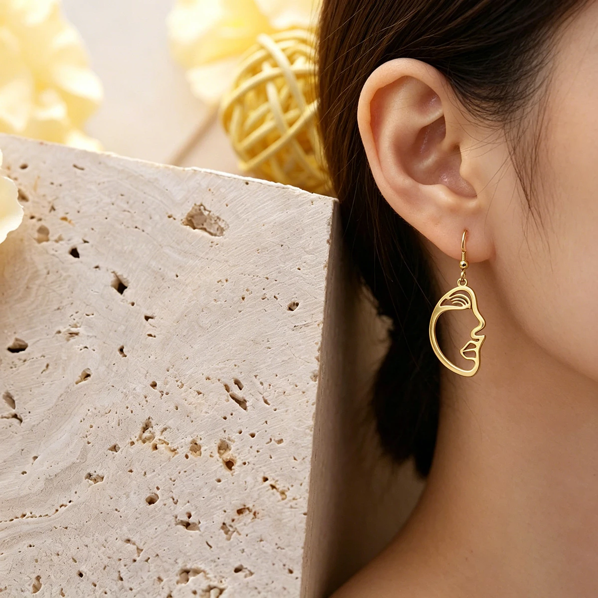 Vintage Abstract Face Profile Earrings for Women Art Line Pendant Ear Hook Stainless Steel Ear Cartilage Puncture Jewelry Gift