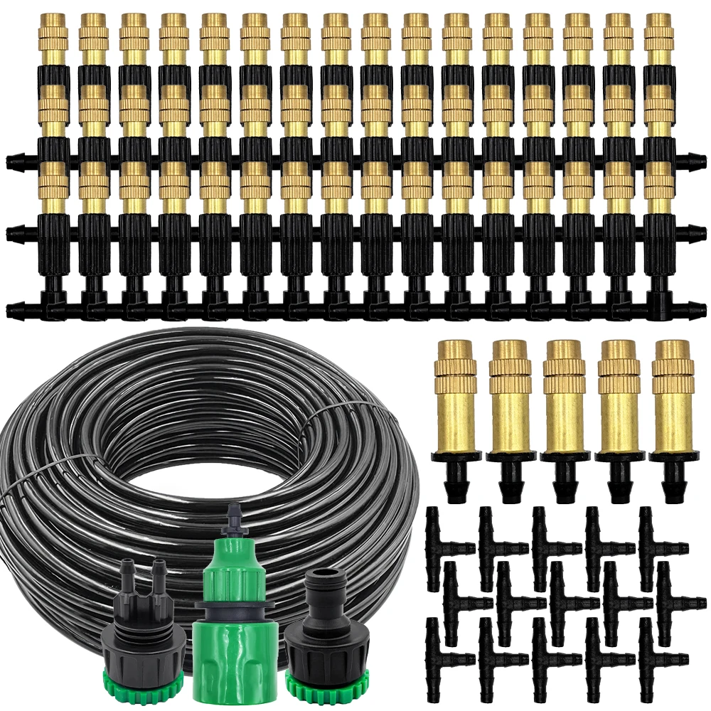 

15M-30M Outdoor Misting Cooling System Garden Irrigation Watering 1/4'' Brass Atomizer Nozzles 4/7mm Hose for Patio Greenhouse