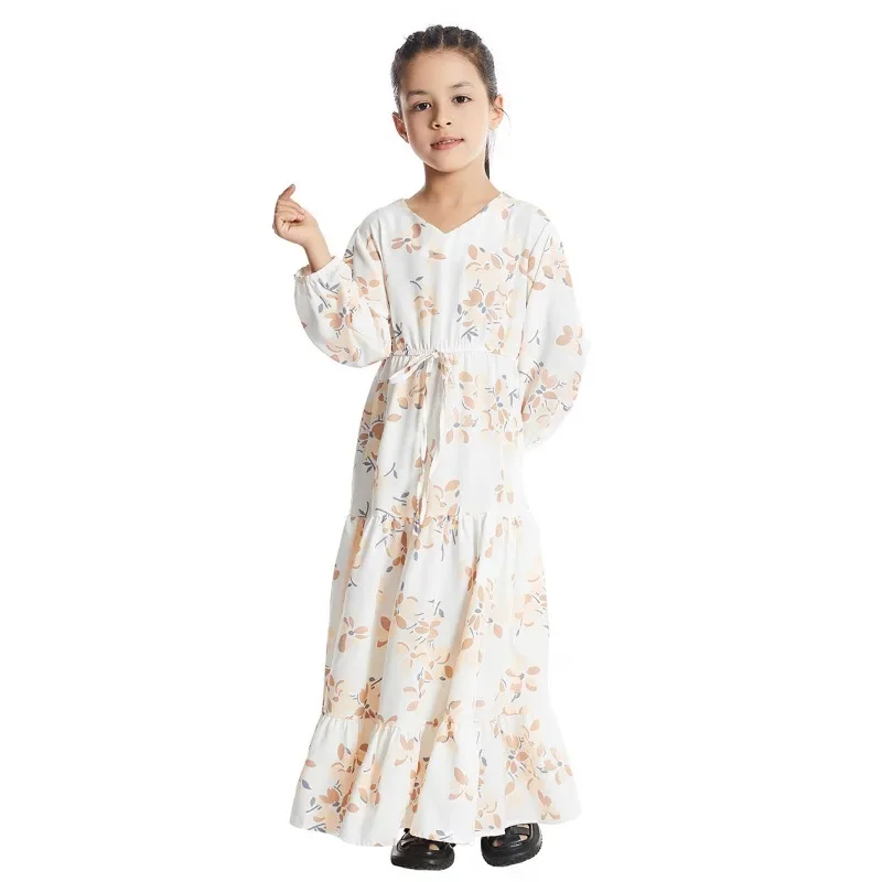 Bohemian Kids Girls Blumen kleid Muslim Kaftan Islamic Abaya Türkisch Arabisch Robe Kleid V-Ausschnitt Langarm Taille bedrucktes Kleid