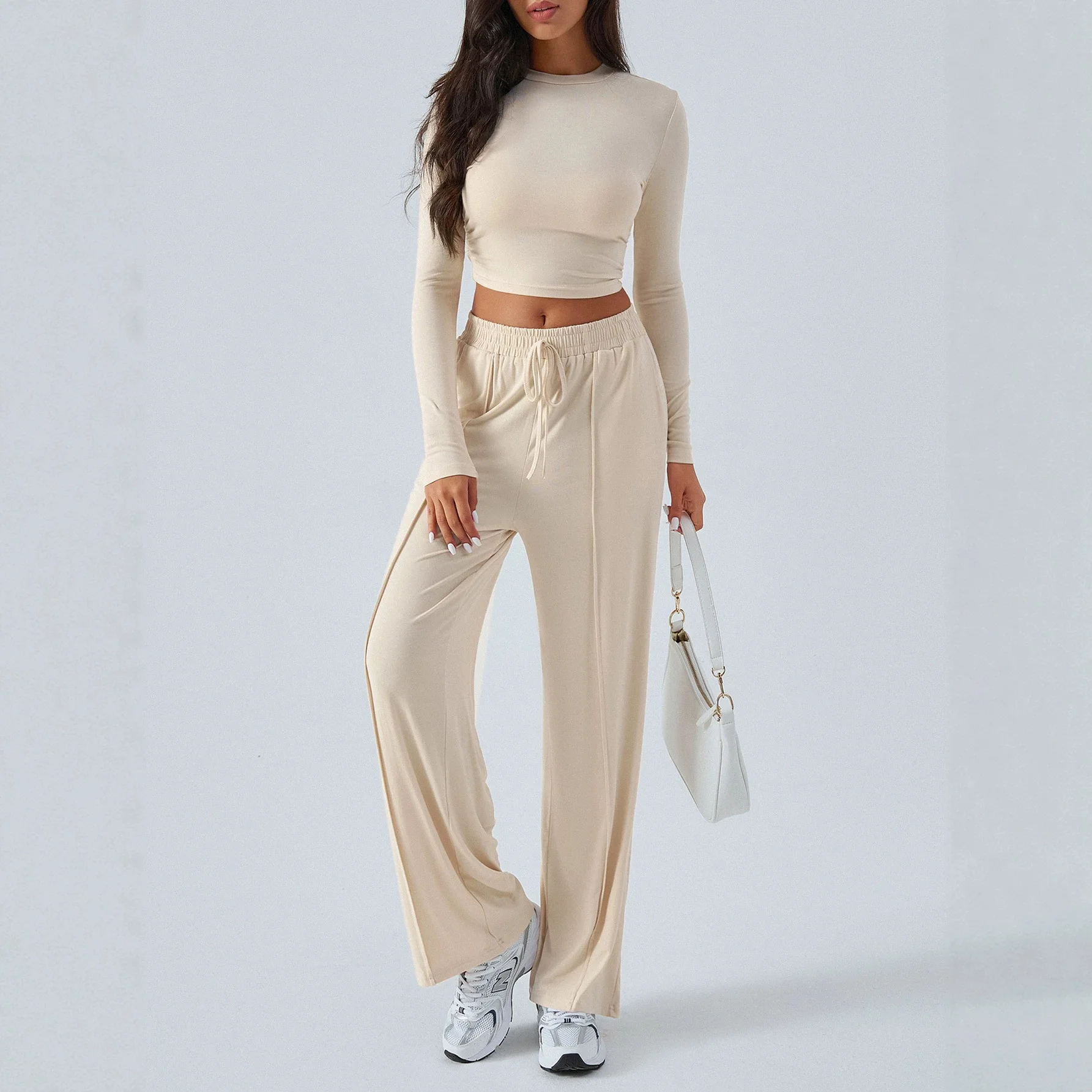 Affordable Women's Autumn & Winter Solid Color High Waist Casual Wide Leg Pants with Drawstring, Trendy Outfit