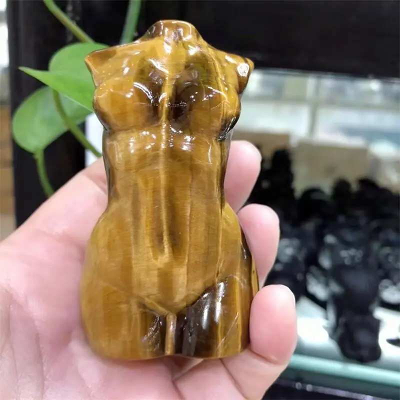 8CM Natural Yellow Tiger Eye Stone Lady Body Carving Healing Crystal Statue Naked Art Stone Gemstone Collectible Gift 1pcs