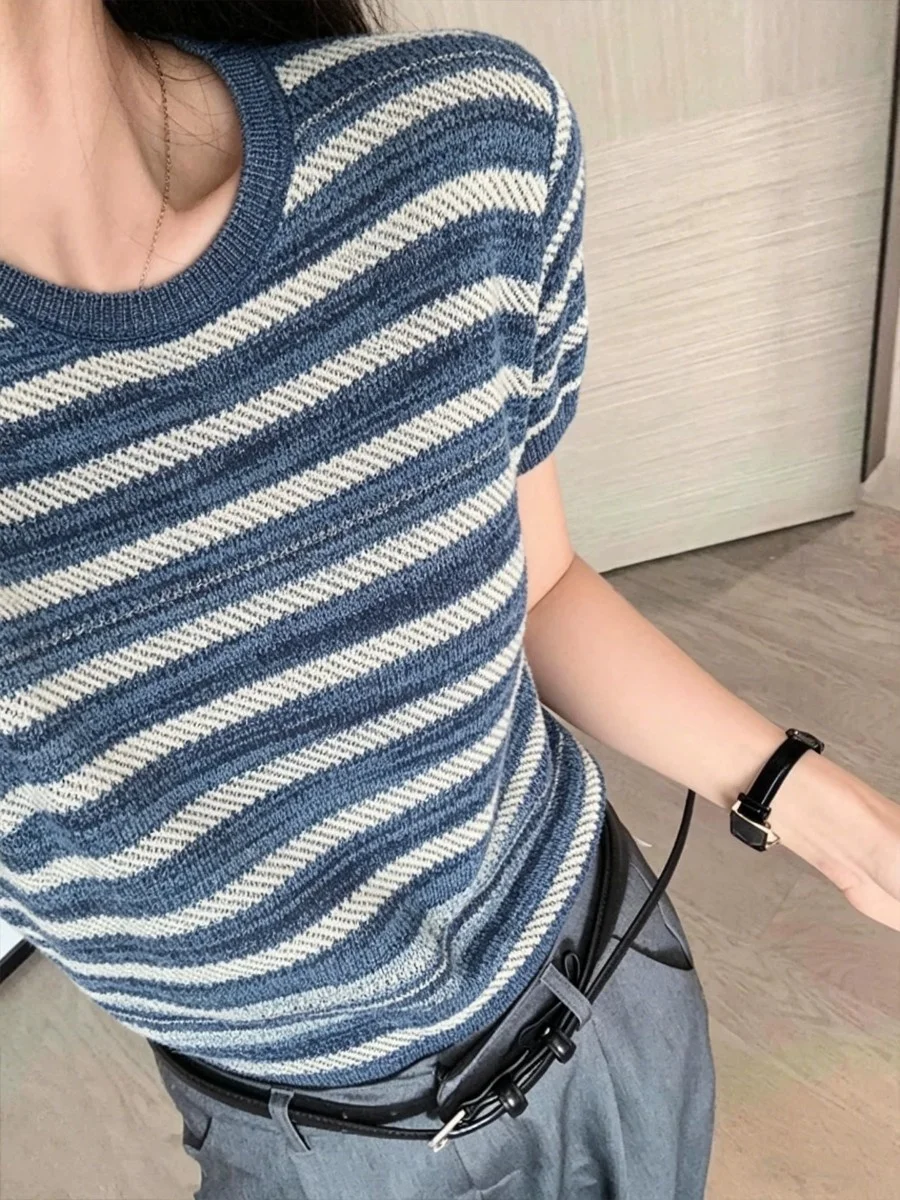 Korean Style Blue Striped Short Sleeve Knitted T-Shirt Women's Summer Slimming Short Length Fashionable Top for Commute And D...