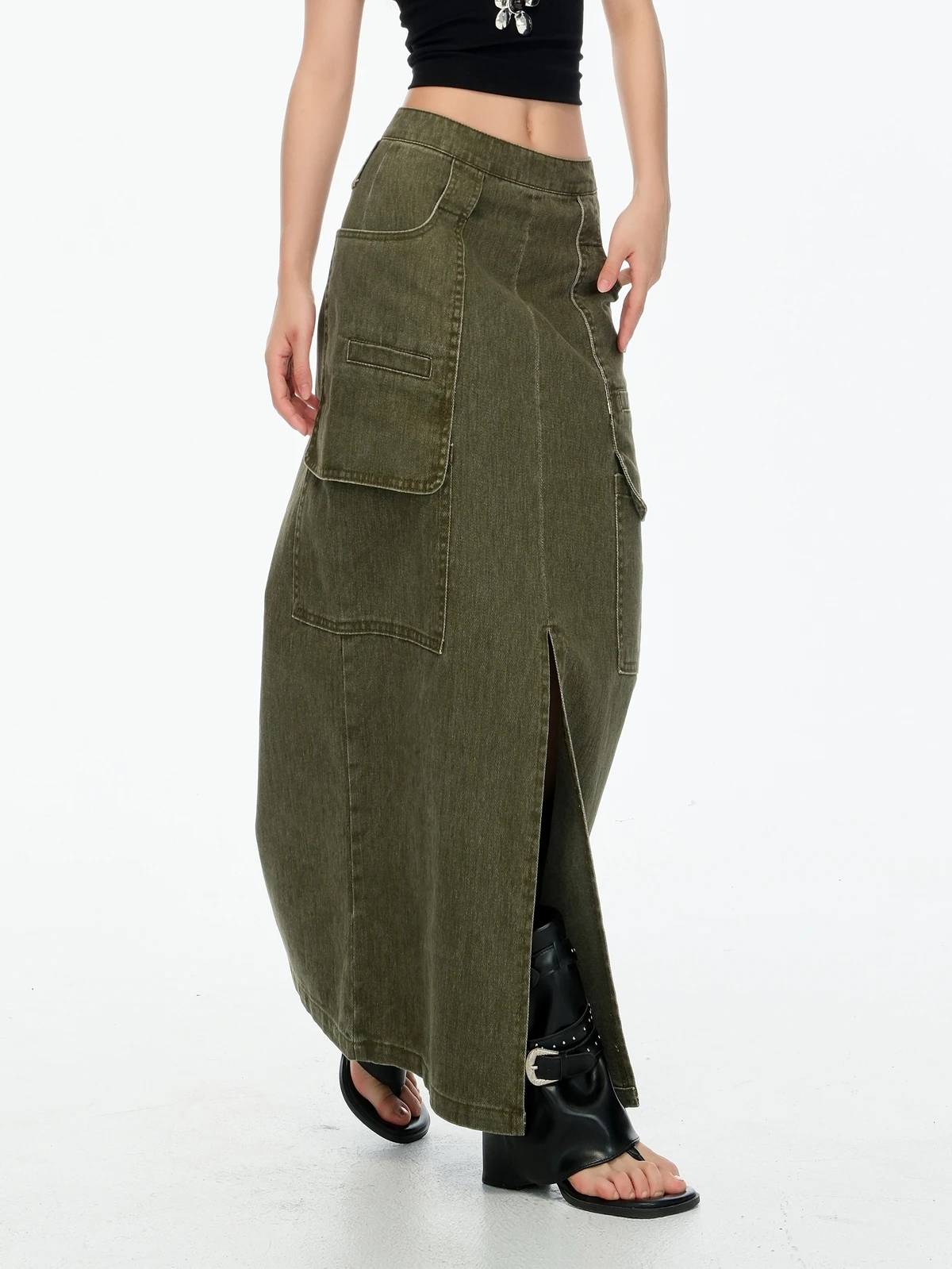 

ZHISILAO винтажные длинные юбки трапециевидной формы с высокой талией, женские повседневные однотонные зеленые джинсовые юбки Y2K, лето 20л