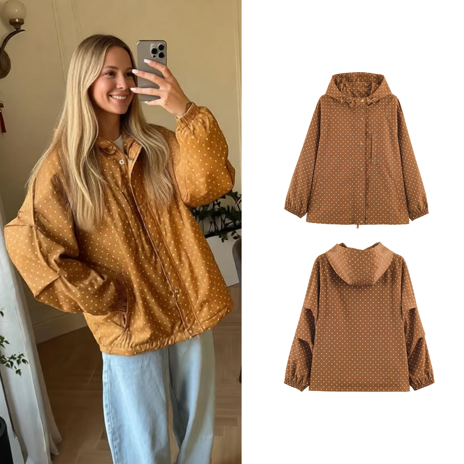 New Women Polka Dot Hooded Jacket Long Sleeved Trench Coats Lady Loose Casual Zipper Access Control Jacket Spring Autumn Female