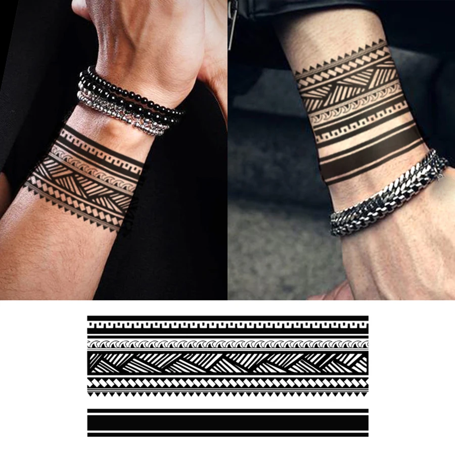 2 Large-Sized Hand Arm Tattoo Stickers in Graffiti Style - Dual-Use Tattoo - Black Viking Symbol Pattern - Peace - Letter Design for Men, Women, Couples, Geometric Pattern, Long Strip-Shaped Temporary Tattoo