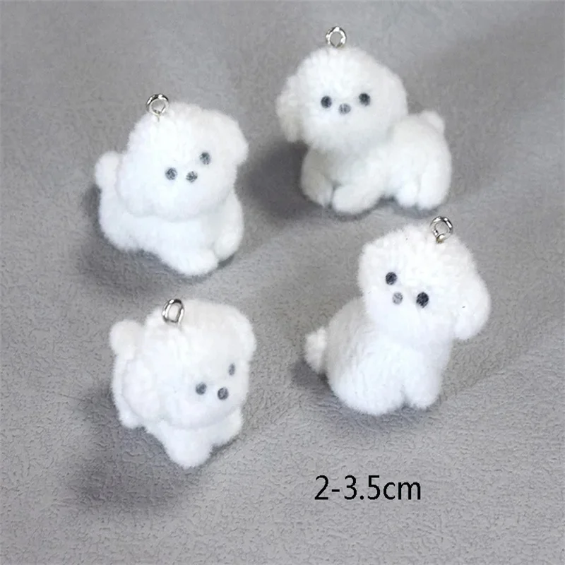 New 2/4pcs Kawaii Fluffy White Puppy Dog Charms Resin Flocking 3D Animal Pendant For Necklace Keychains Diy Jewelry Accessories