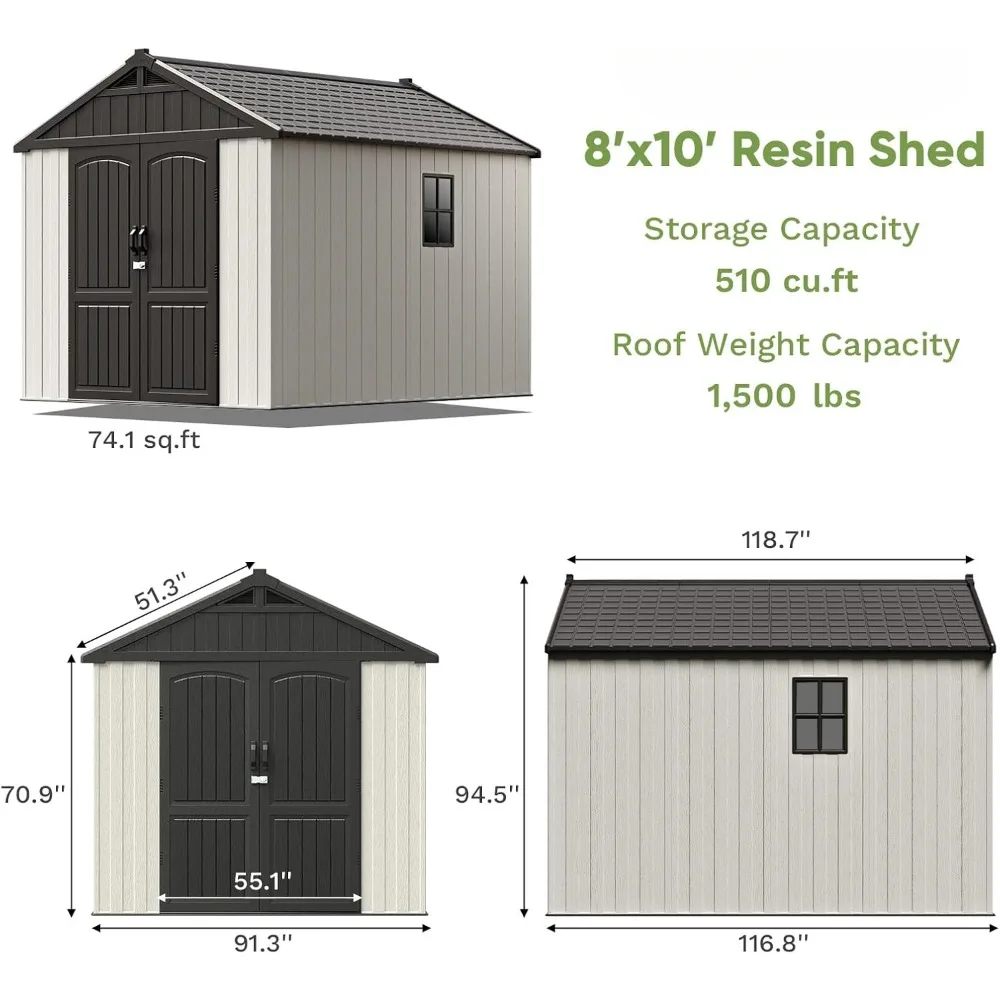 8x10 FT Outdoor Storage Shed with Floor & Two Window & Lockable Door, Plastic Resin Garden Tool Shed