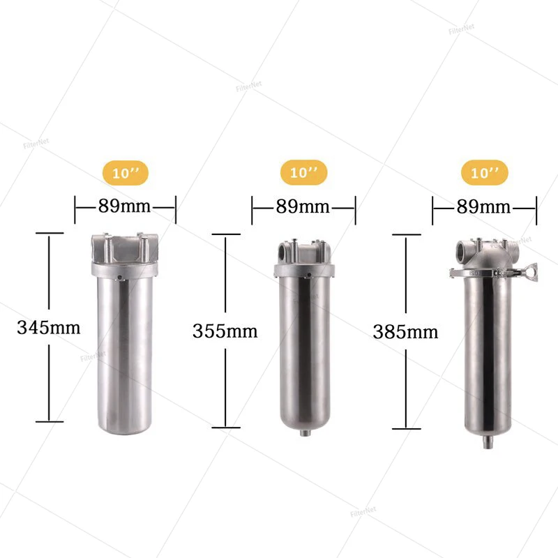 Roestvrijstalen waterfilterhuis Zware zilveren waterfilterbehuizing 10 inch filter DN15 DN20 DN25 NPT inlaat en uitlaat