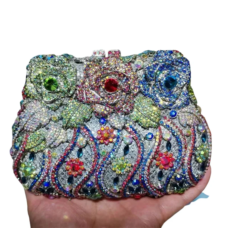 Colorful Women Flower Stone Clutch Dinner Party Evening Bags Wedding Bridal Crystal Minaudiere Floral Handbag Diamond Gift Purse
