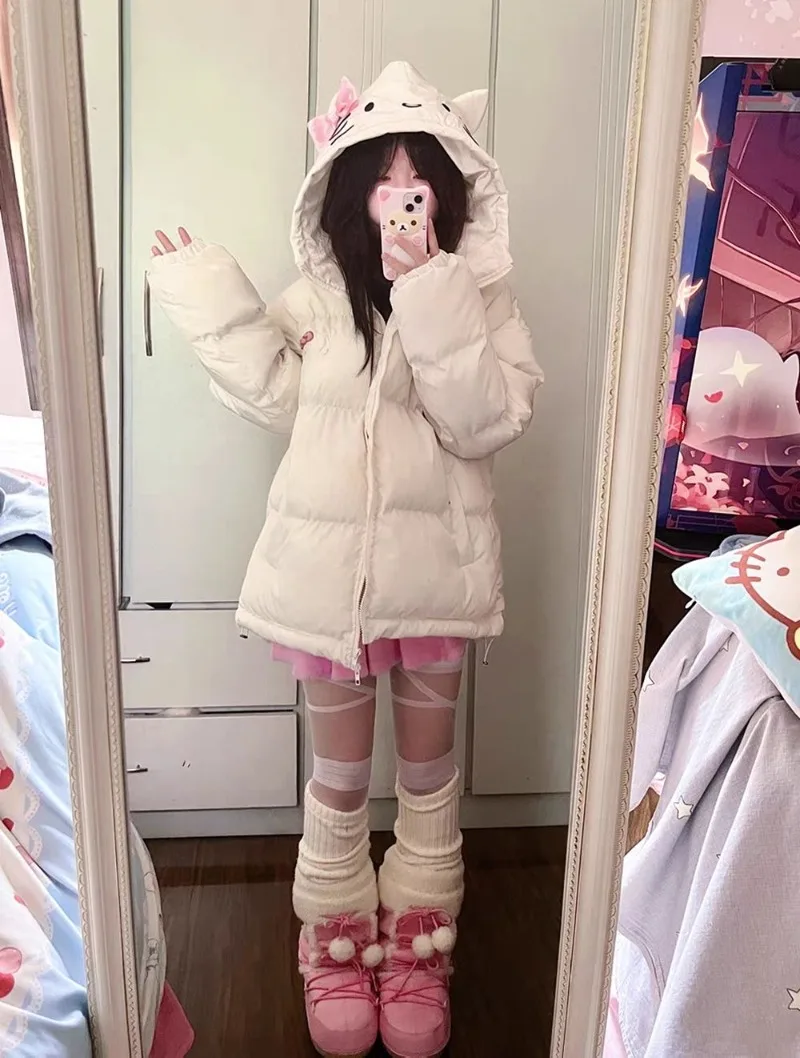 Miniso New Hello Kitty Cotton Jacket Hooded Zipper Jacket for Women Outdoor Sports Cotton Coat Women 2025 Winter Clothes Women