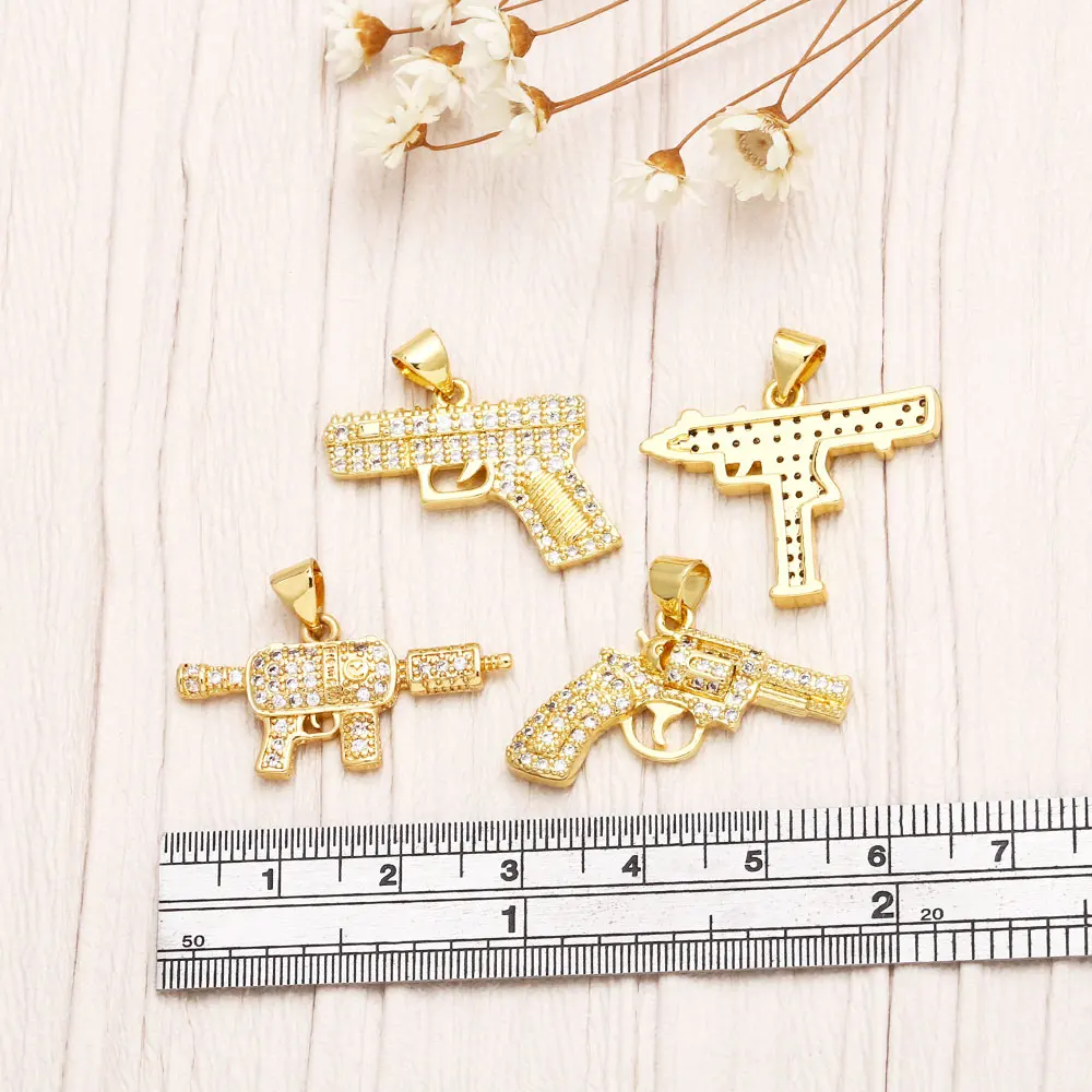 OCESRIO Cute White Crystal Gun Shape Pendant for Necklace Copper Gold Plated Revolver Rifle Jewelry Making Component pdtb099