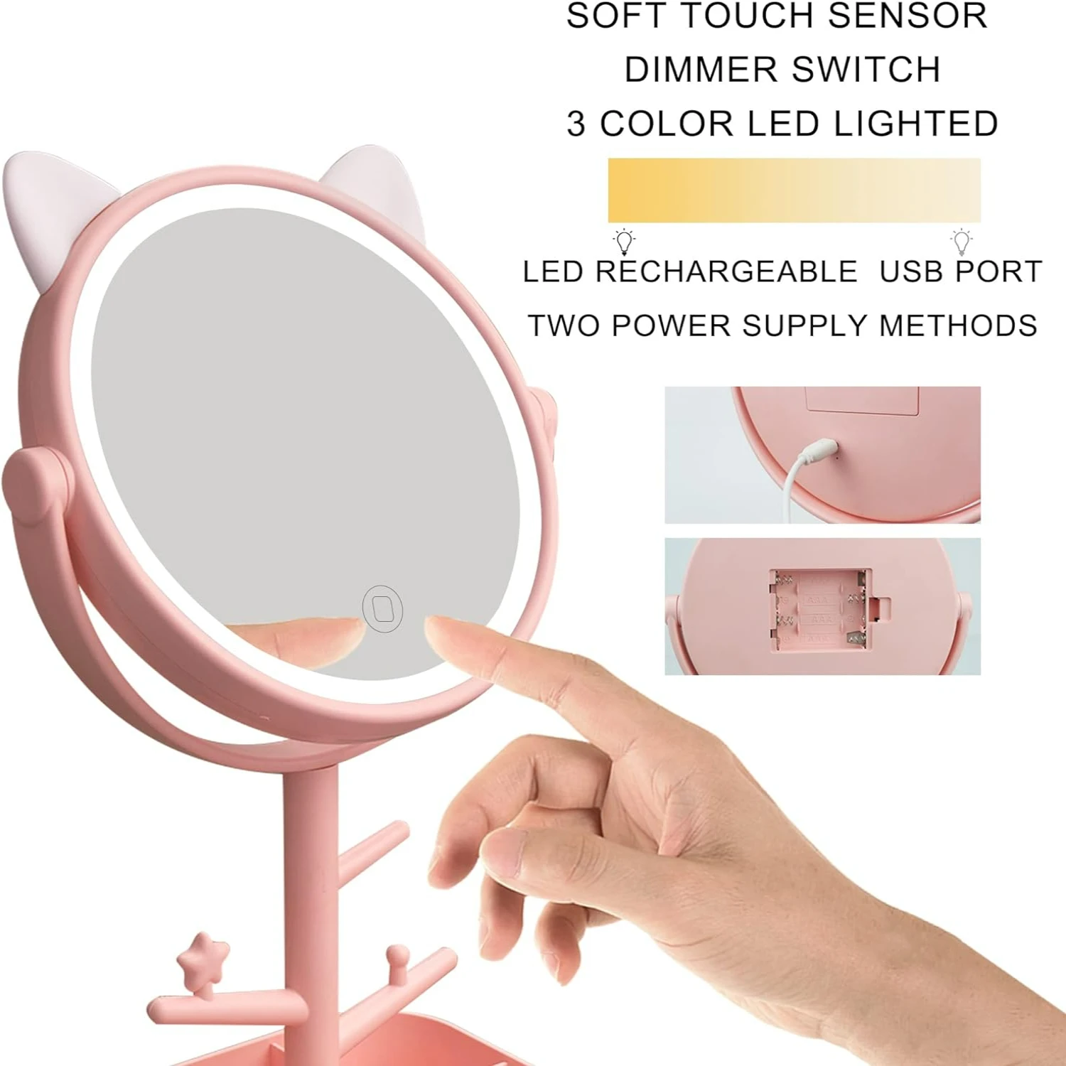 

Portable HD Lighted Cosmetic Mirror with Touch-Screen Control, Bright Vanity Lights, 360 Rotation, USB Port - Makeup Vanity, Bat