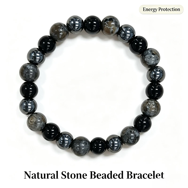 Moss Agate Black Onyx Stretch Bracelet Polished Round Stone Beaded Wristband Unisex Everyday Stackable Crystal Jewelry