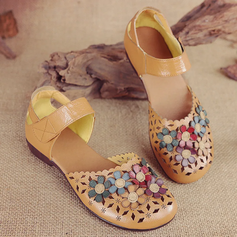 Sandalias planas Retro florales de lujo para mujer, zapatos Mary Jane recortados, Sandalias planas de cuero genuino con correa