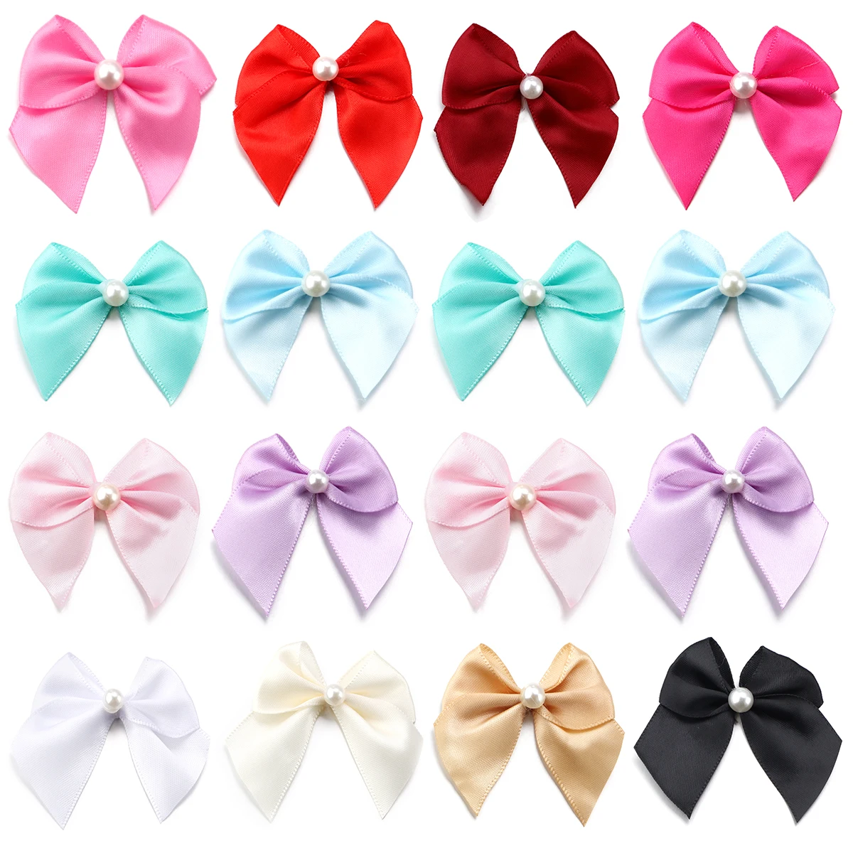 20Pcs/Lot 5.5*6cm Polyester Satin Ribbon Bows With Half Round Bead Handmade For DIY Sewing Crafts Handwork Party Wedding Decor