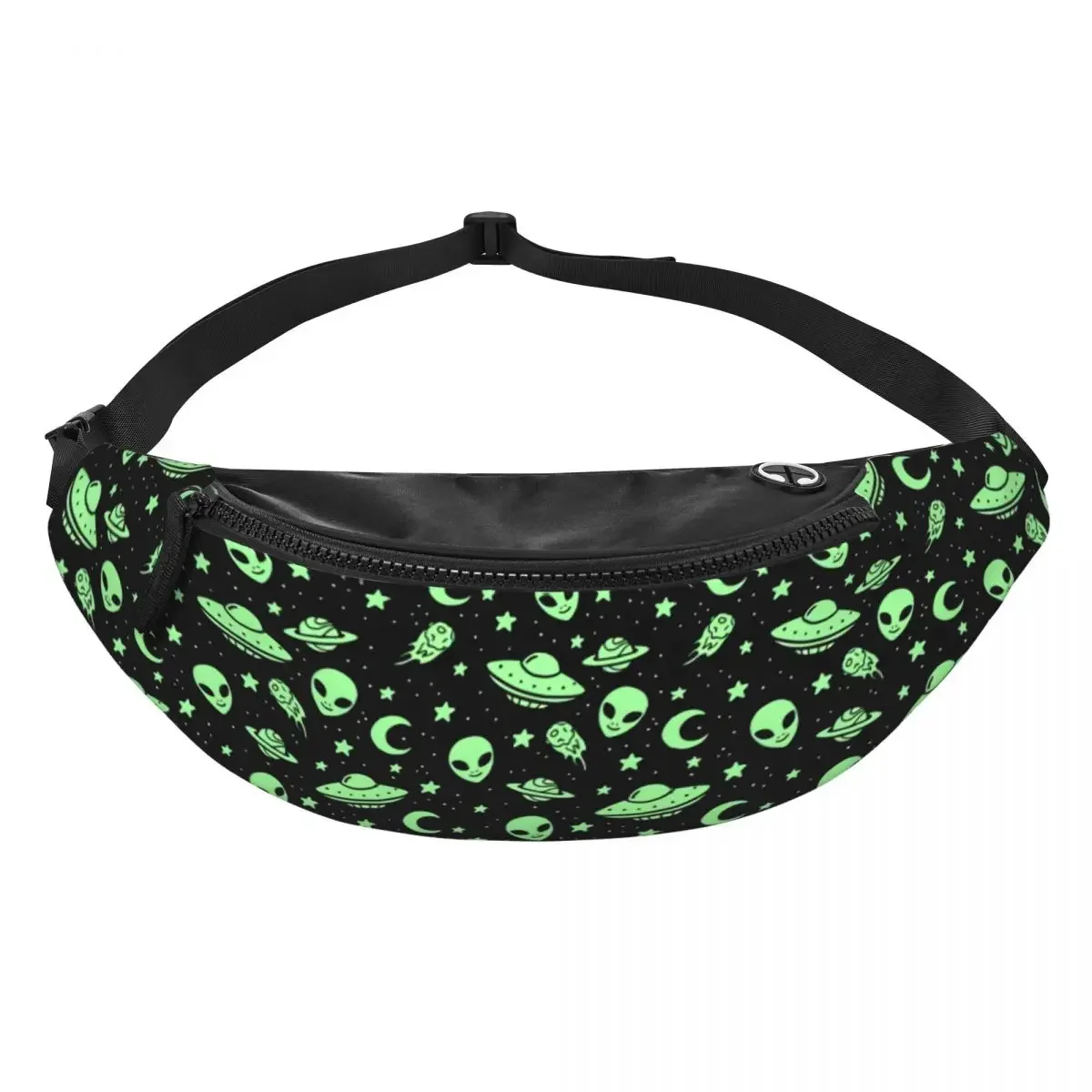 Sac banane Green Alien UFO Moon pour homme et femme, bandoulière personnalisée, sac de taille, cyclisme, camping, téléphone, poudres d'argent