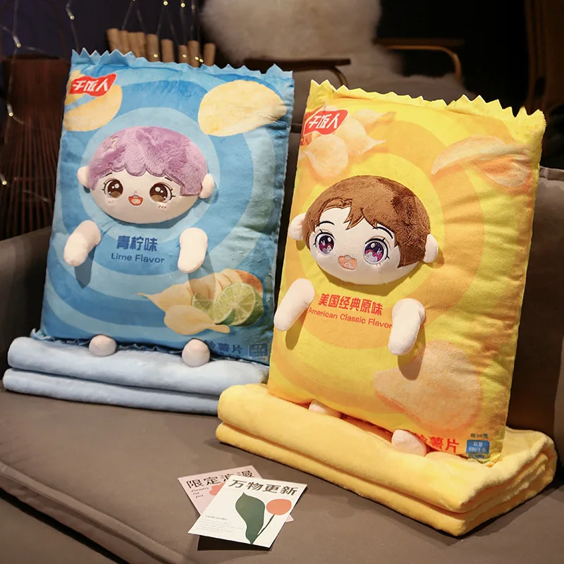 1Pc Creative Cartoon Potato Chip Doll Plush Throw Pillow with Blanket Anime Cute Stuffed Food Snack Soft Plushies Cushion Toys