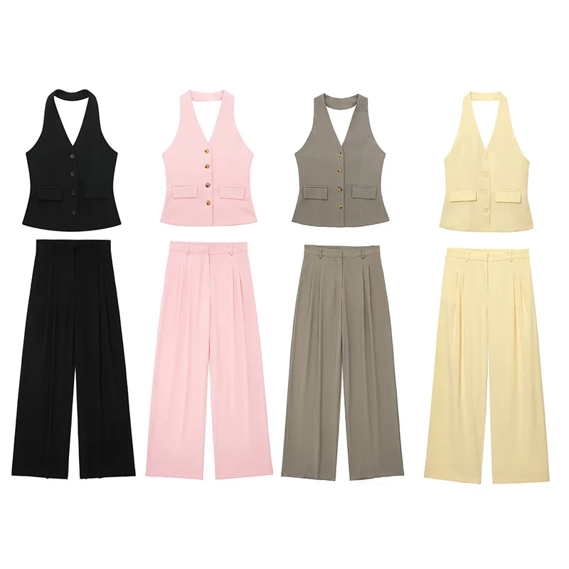 2025 المرأة الأبيض سترة غير رسمية فستان أطفال مع سروال داخلي فضفاض السراويل الطويلة الصلبة أكمام الرسن الرقبة سترة سليم تانك القمم الصيف العصرية