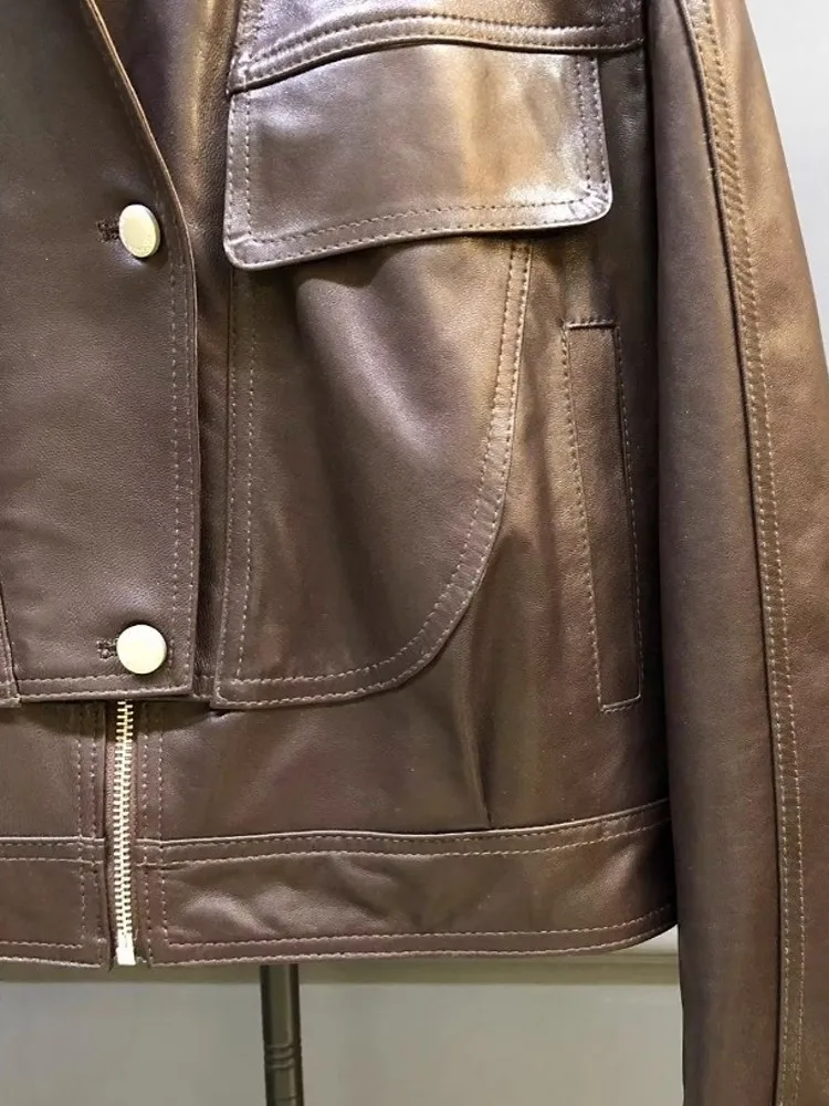 Designer Frauen Doppel Kragen Arbeit Jacke Vintage Schaffell Echtes Leder Jacke Herbst Lose Fit Motorrad Mantel Streetwear