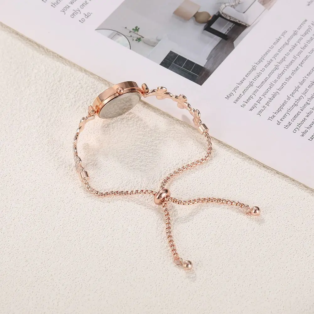 Slim Strap Ladies Quartz Watch Leaf Design Small Dial Women Quartz Watch Round Dial Pull Adjustable Rhinestone Watch