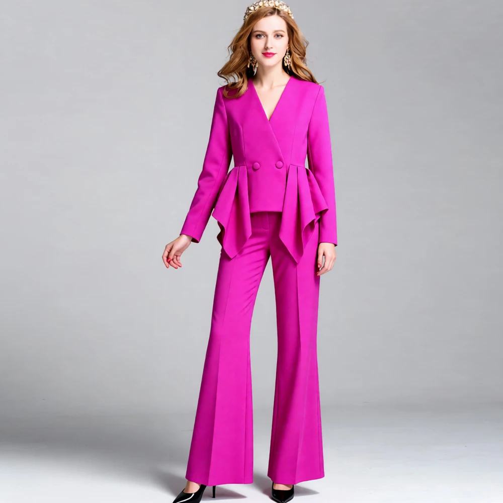 Women's Fuchsia Peplum Blazer & Wide Leg Pants 2 Piece Suit Set - Elegant Double Breasted Long Sleeve Formal Pant Suit