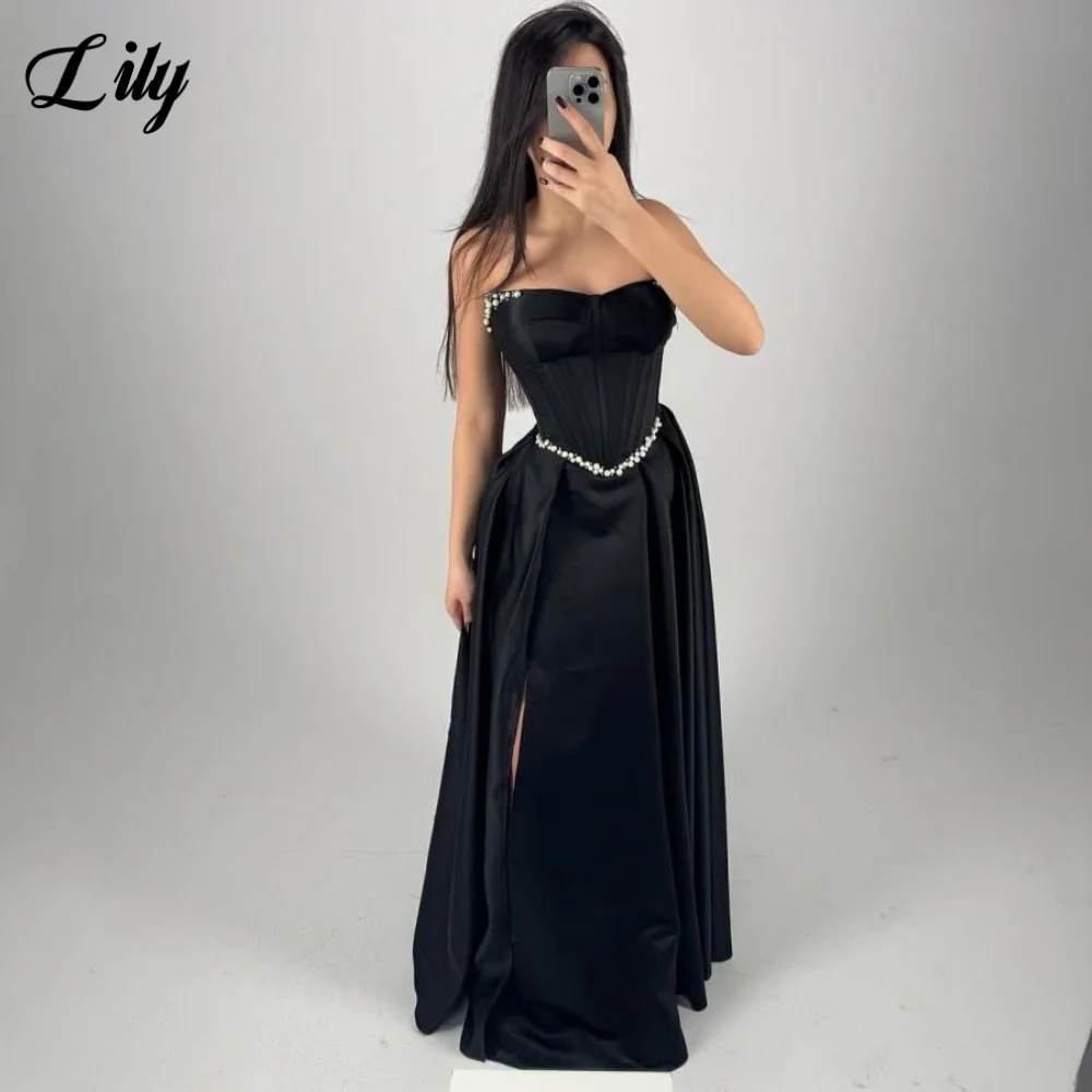 

Черное вечернее платье Lily Chic Robe De Soirée Sweetheart из атласа с пайетками и жемчугом из атласа и разрезом по бокам, платья для выпускного вечера по индивидуальному заказу
