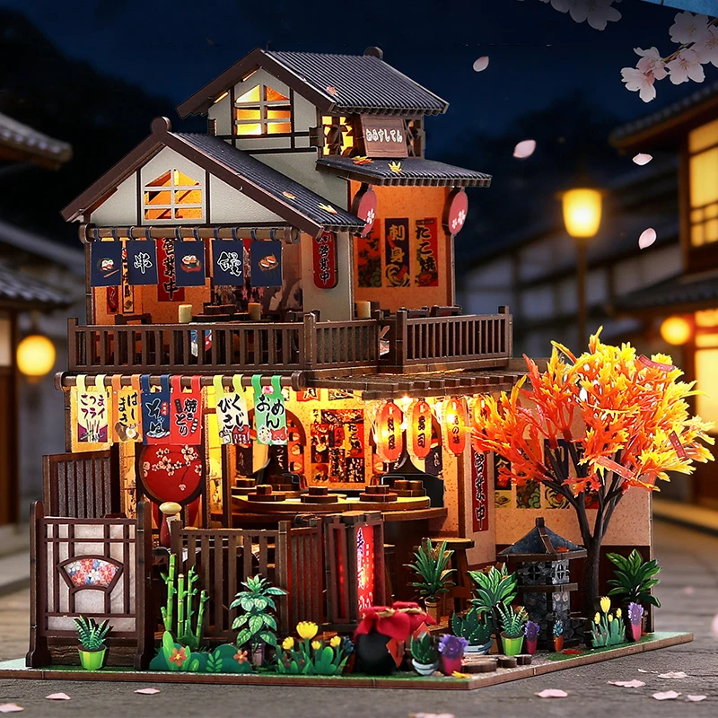 DIY Wooden Japanese Wawei Sushi House Figurines Miniatures Bookend Assembled Houses for Friends Birthday Gifts Home Decoration