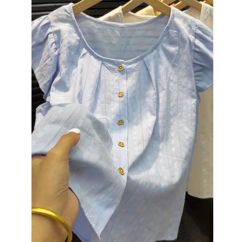 Women's Summer New Sle Hook Flower Hollow out round Ne Fly Sve irt ort Loose Slimming Casual Top Sweet Sle