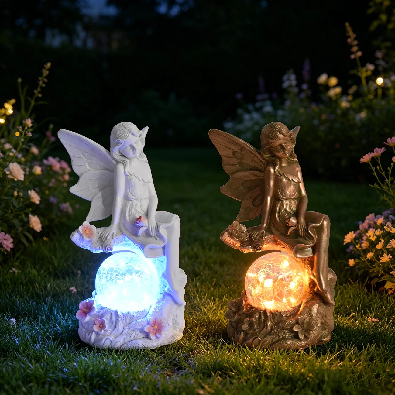 Fairy Statue Solar Light Resin, Cute Angel Figurine with Crackle Glass Ball Warm LED, Outdoor Garden Patio Yard Decor Gift