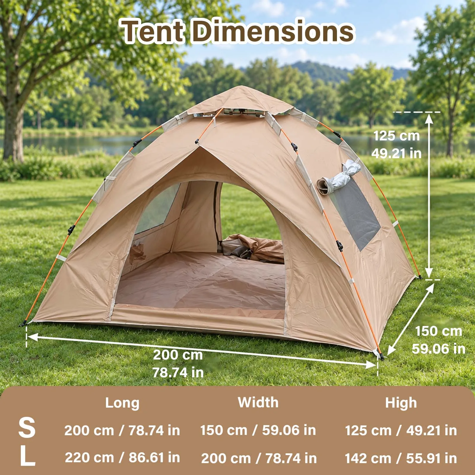 Quick Setup Sand Gold Camping Tent 2-3 Person Pop Up Dome Tent 2 Doors 2 Windows for Backyard Garden Holiday Travel