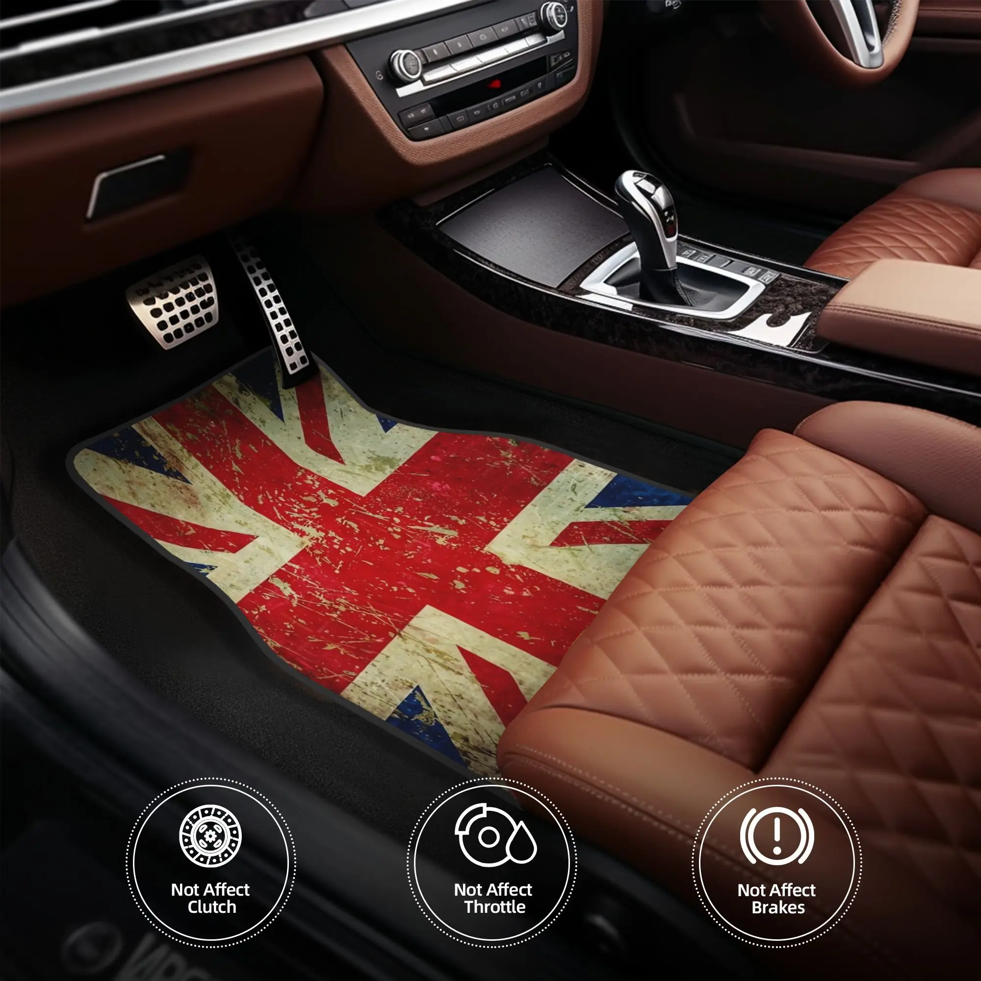 4pcs Grunge Union Jack Scratched Metal Effect Car Floor Mats, Durable Polyester Fiber For Cars – Playful Design & Long-Lasting I