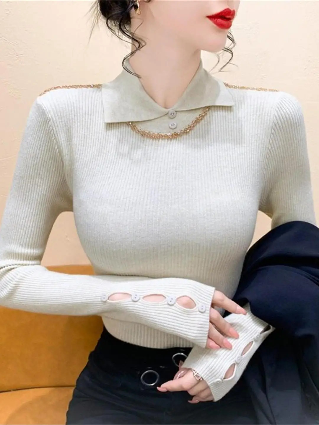 

Ele Heavy Embellied Ne Knitted Base irt Женский осенне-зимний облегающий длинный топ све с внутренней стороны