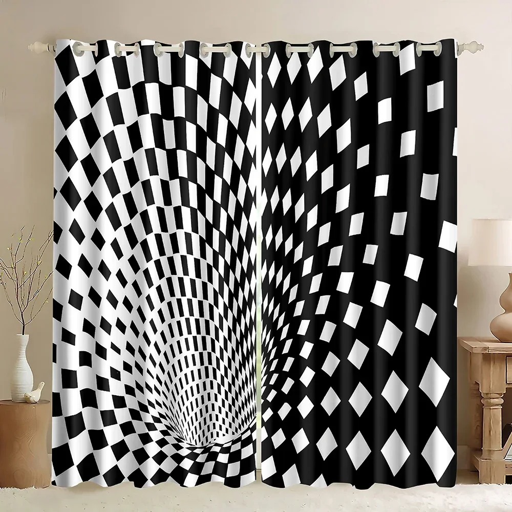 Geometric Blackout Curtains,Abstract Checkerboard Grid Window Curtains 3D Black White Stripe Lines Rustic Lattice Window Curtain