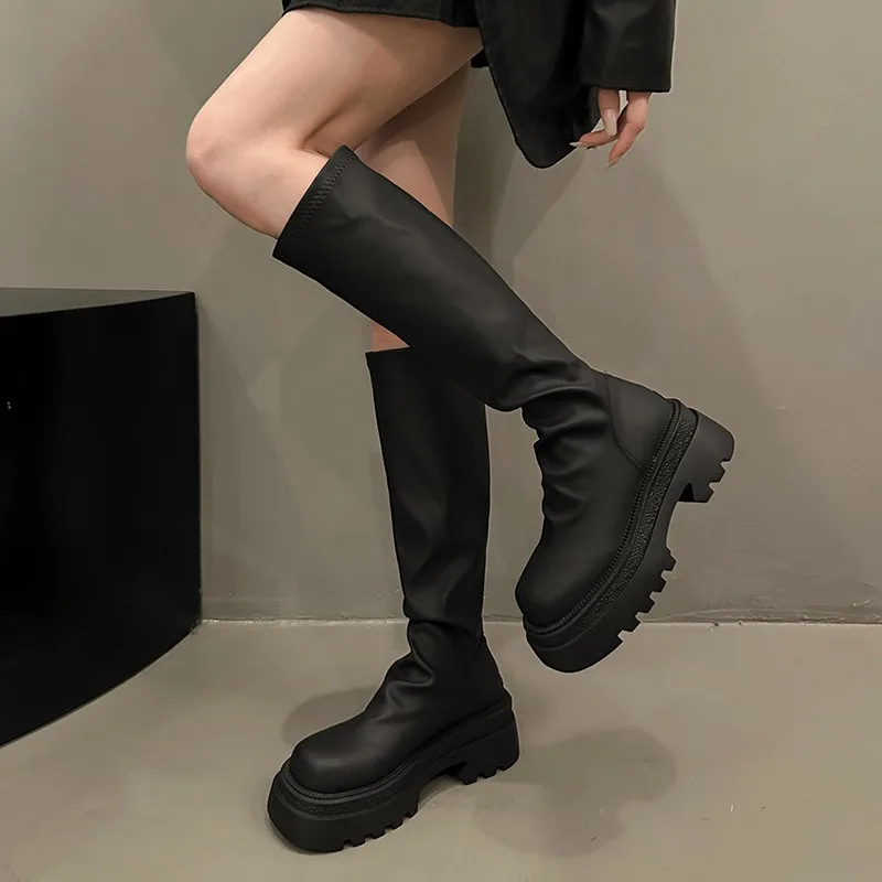 

Ladies Fashion Knee Boots High Heels Thin Tall Autumn Winter Warm Thick Sole Elastic Boots Tall Rider Boots Botas De Mujer