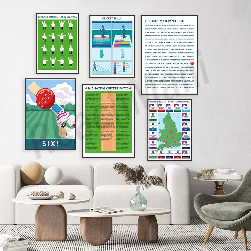 Cricket fielding positions, cricket umpire hand gestures, England and Wales cricket test match and county cricket ground poster