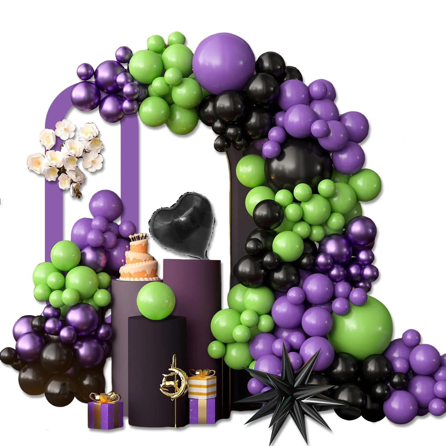 117 piezas de globos verdes, morados y negros, globos morados metálicos para decoraciones de fiestas, cumpleaños, despedidas de soltera