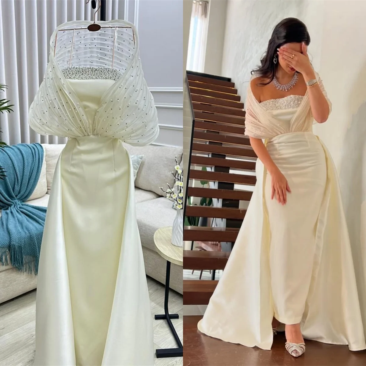 

Customized Elegant White Jersey Evening Dress Exquisite Strapless Halter Zipper Back Pearls Sleeveless Special Occasion Gowns