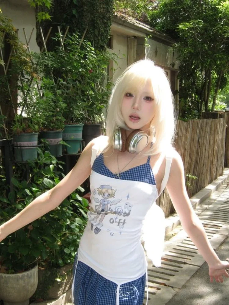 

Japanese Summer Blue Grid Splicing Pixel Printed Tank Top Y2K Retro Harajuku Hanging Neck Strap Hot Girl Top Emo
