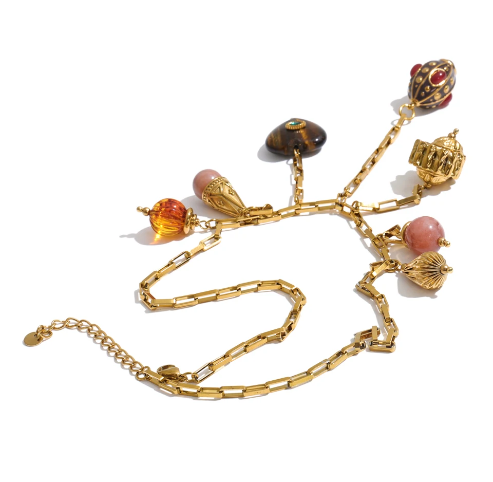 Yhpup Edelstahl-Halskette mit natürlichem Stein, rundem Herzanhänger, Herbst-Winter-Stil, Statement-Modeschmuck – Detail 3