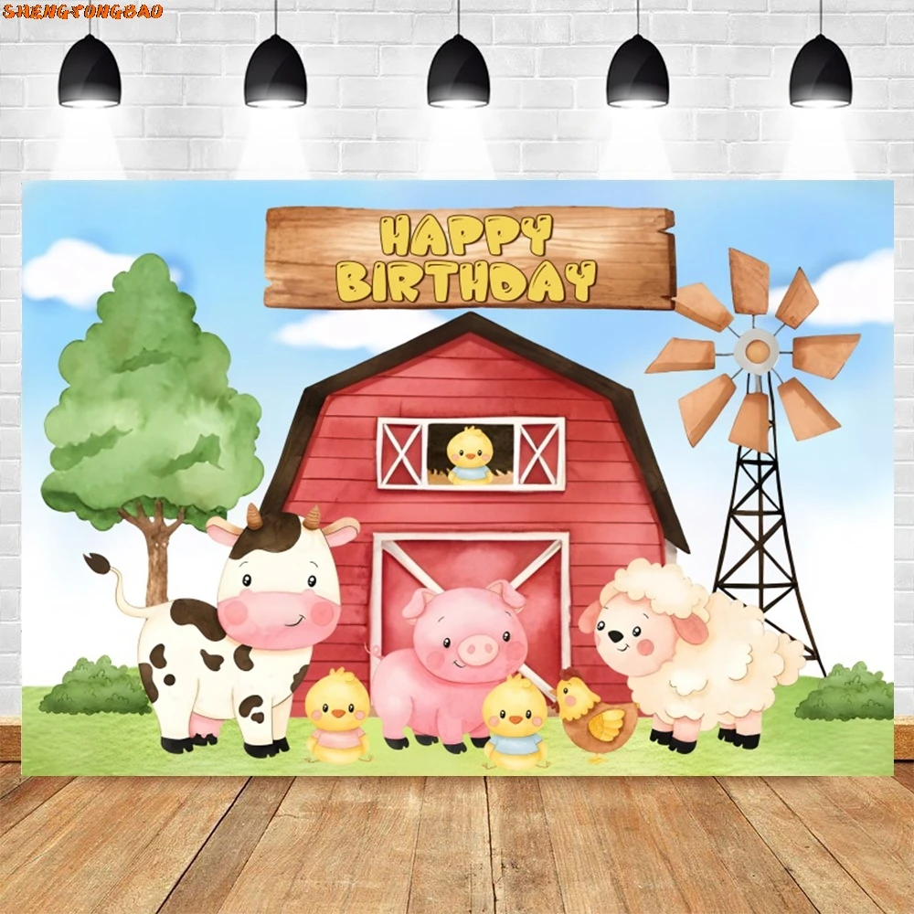 Toile de fond de photographie d'animaux de la ferme de dessin animé, fond de fleurs de maison en bois, décor de fête d'anniversaire de douche de bébé, fond de studio photo, nouveau-né