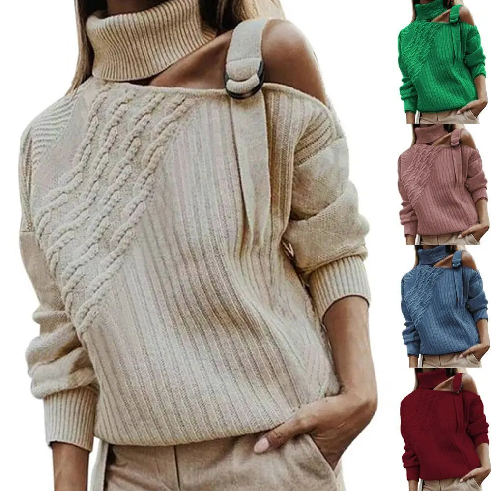 

Women's Off-oulder High Ne Long Sve Knitted Sweater Comfortable Cotton Blend Spring Faion Ele Sle