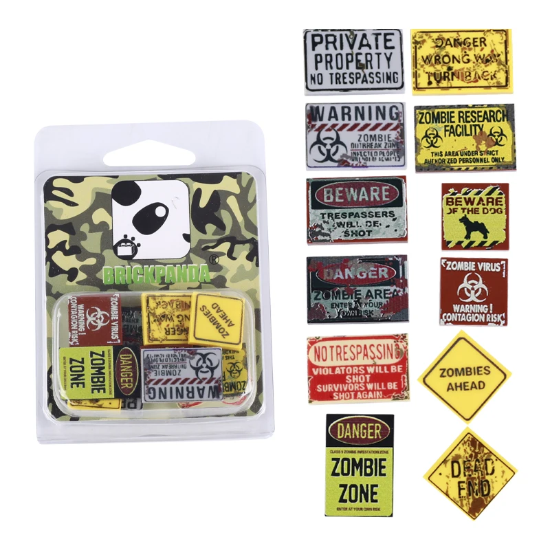 MOC Military City Street View Zombie Figures Printed Tile Building Blocks Fire Warning Sign Ammunition Box Parts Bricks Kids Toy