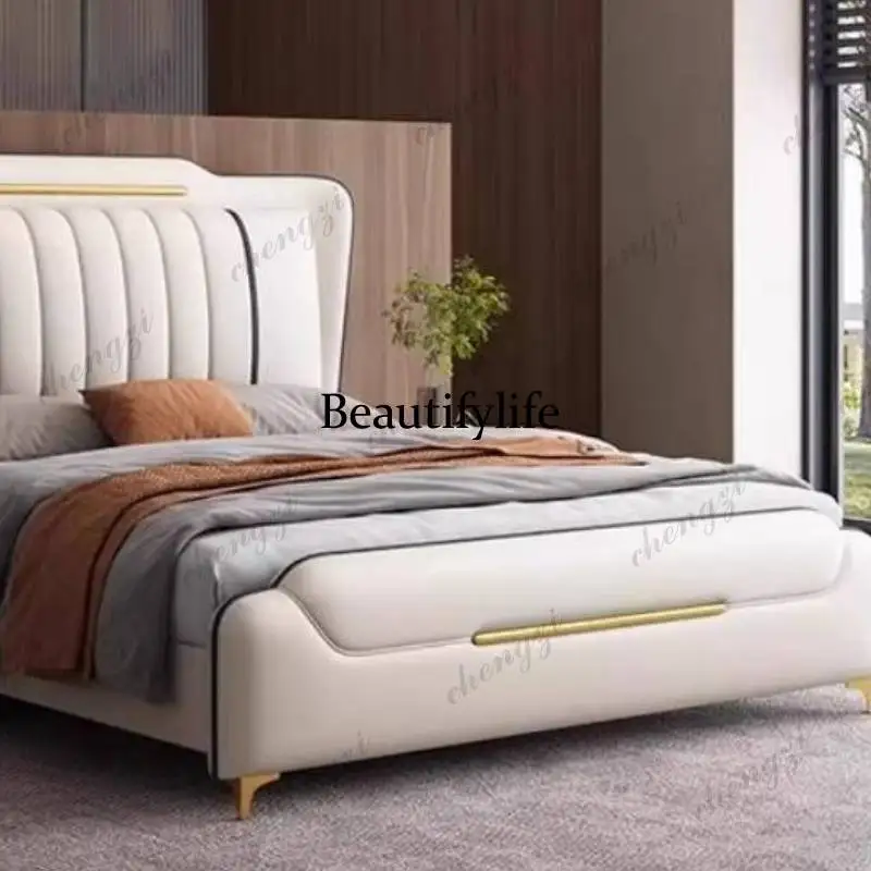 Beige Vintage Wooden Double Bed Adults Elegant Storage Japanese Double Bed Modern King Size Camas De Dormitorio Furniture